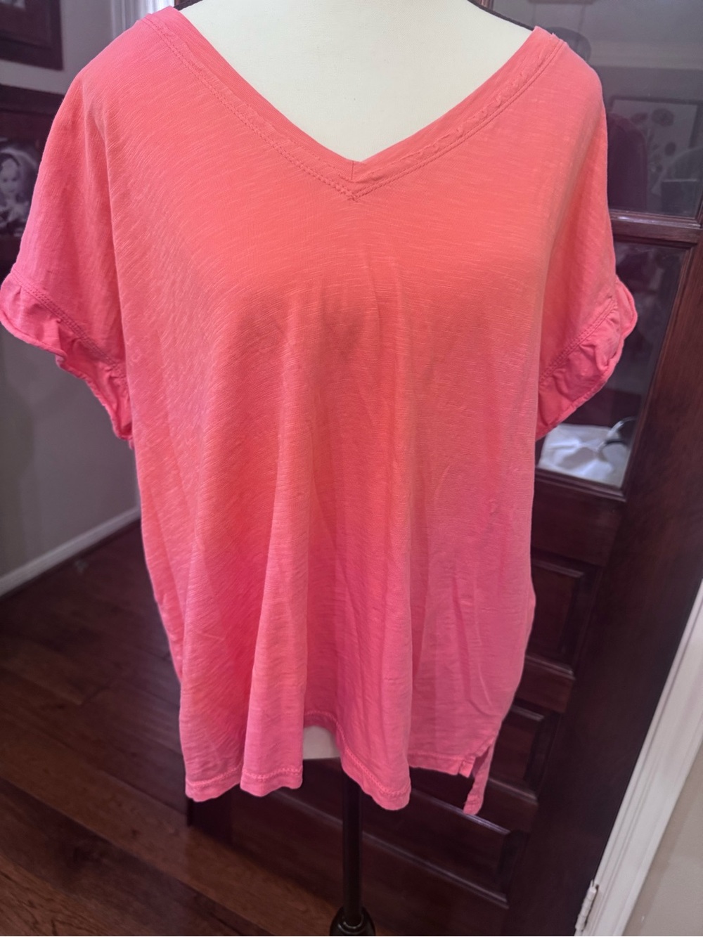 Anthropologie Pilcro Coral Pink Ruffle Sleeve V Neck Cotton Top L